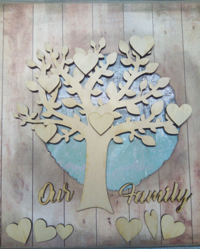 family tree 200 x 200mm hearts and words in veneer,min buy 3